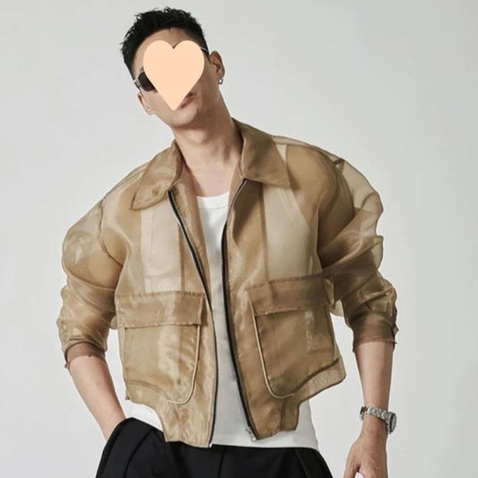 Lapel Mesh Hooded Long-sleeved Jacket GlamzKart