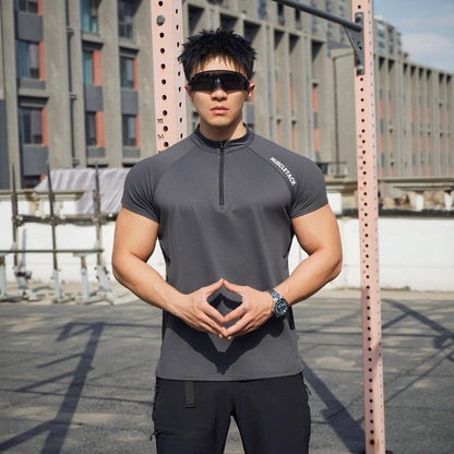 Short Sleeve Outdoor Sports Half Zipper Stand Collar T-shirt Carbon Gray GlamzKart