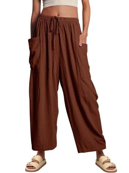Stretched-waist Pleated High-waisted Wide-leg Loose Casual Cotton And Linen Long Pants Coffee GlamzKart