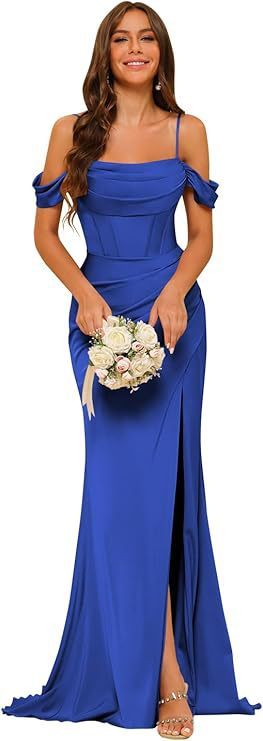 Off-the-shoulder Satin Bridesmaid Corset Ball Gown Sapphire Blue GlamzKart