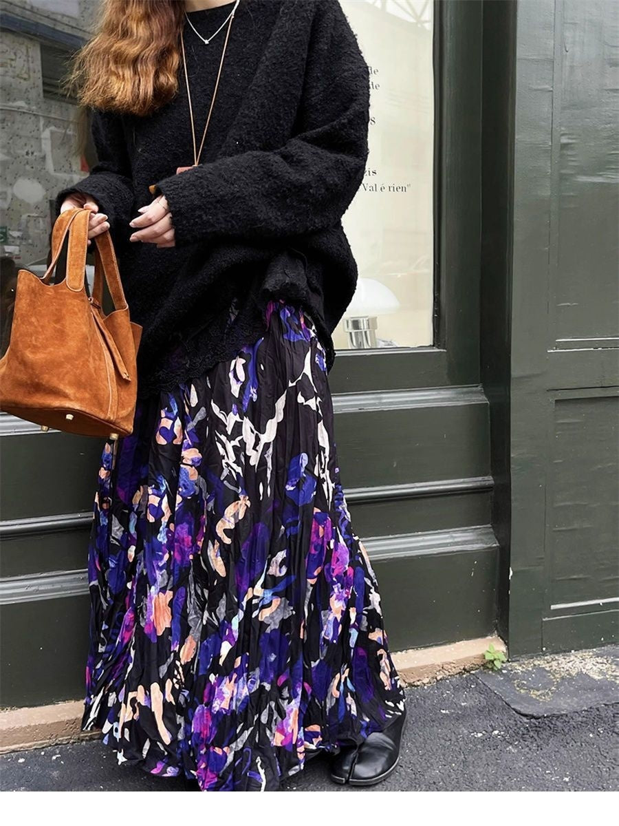 Vintage Crumpled Design Sense Niche Floral Skirt GlamzKart
