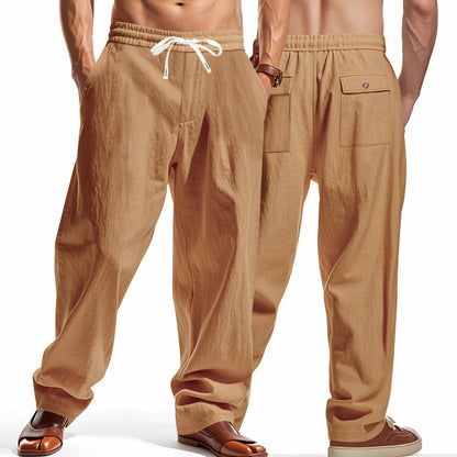 Linen Casual Pants Summer Thin Simple High Street Yellowish Brown GlamzKart