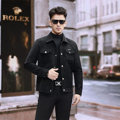 Suede Leather Jacket Men's Slim-fit High-grade Pu Handsome Retro Biker's GlamzKart