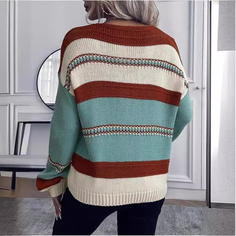 Women's V-neck Casual Loose Contrast Color Striped Pullover GlamzKart