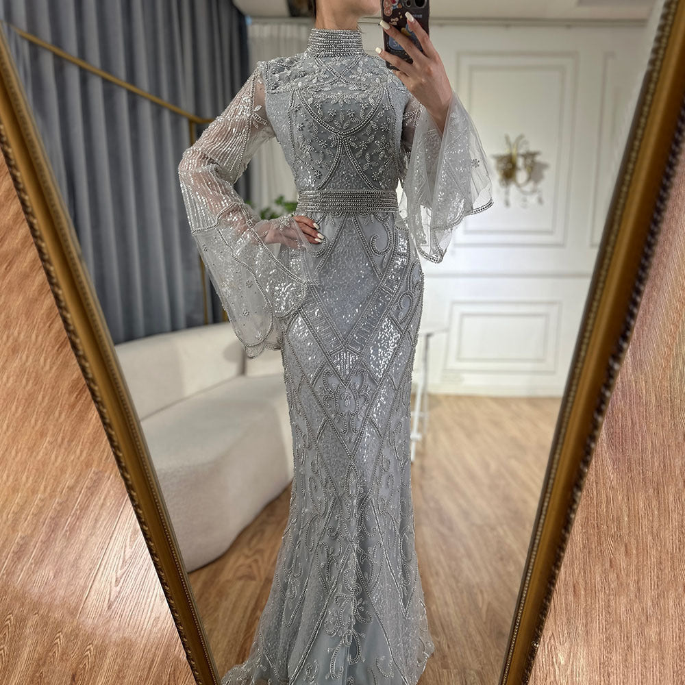 Red High Collar Fishtail Evening Long Dress Gray GlamzKart