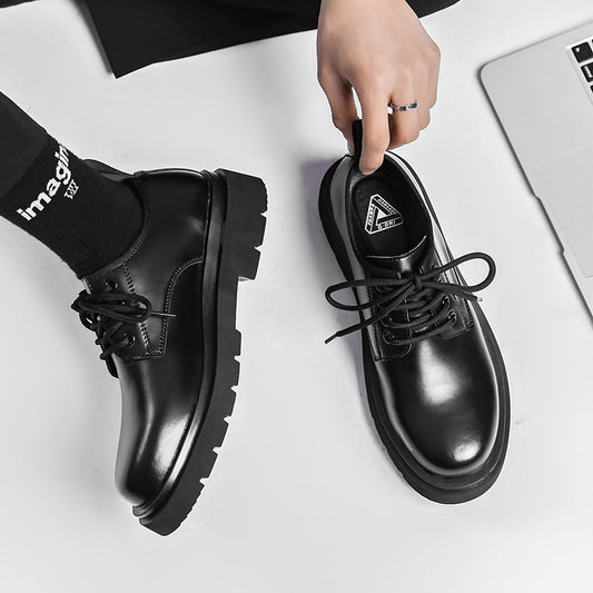 Men's British-style Thick-soled Korean-style Black Leather Shoes GlamzKart