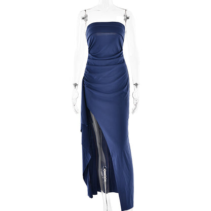 Evening Gown Women's One Neck Strapless Dress Fashionable And Sexy Backless High Slit Long Dress Dark blue GlamzKart