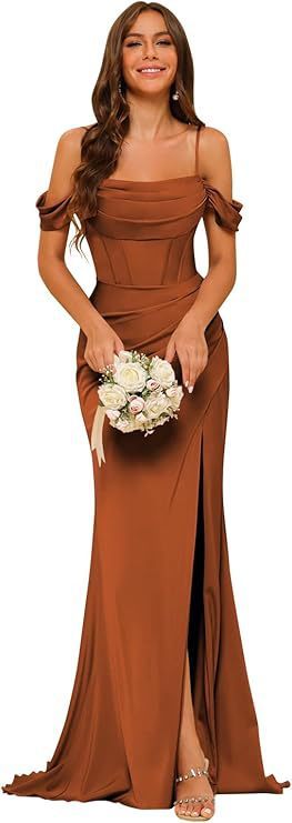 Off-the-shoulder Satin Bridesmaid Corset Ball Gown Burnt Orange GlamzKart