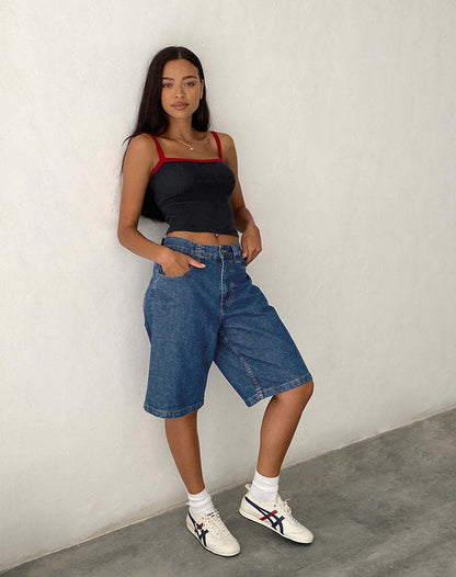 European And American Denim Shorts Bullet-free Fitted Figure Flattering Women's Pants Dark Blue GlamzKart