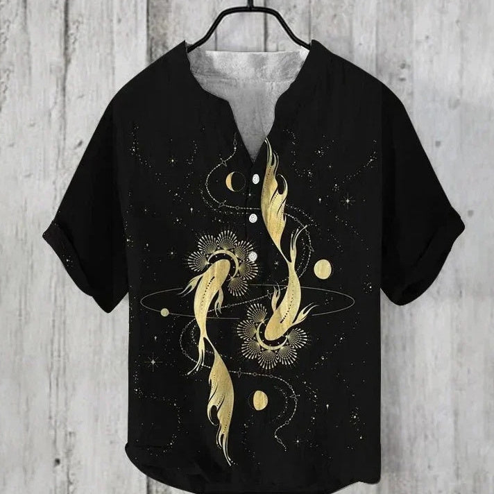 Printed V-neck Men's 3 Breasted Pullover Short Sleeve Shirt GlamzKart