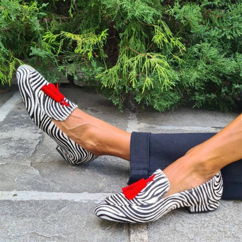 Spring And Autumn Tassel Low Heel Round Head 40-43 Low-cut Plus Size Leopard Print Casual Loafers Zebra Stripes GlamzKart