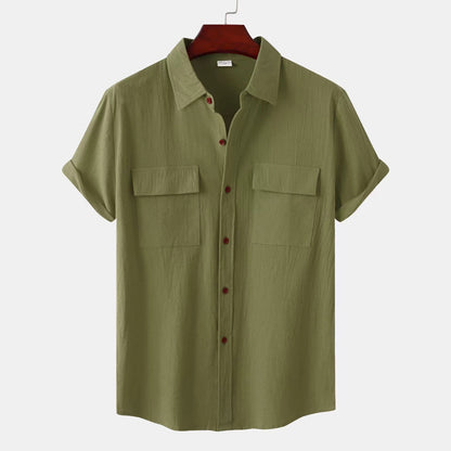Solid Color Patchwork Linen Cardigan Short Sleeve Loose Lapels Men's Shirt Army Green GlamzKart