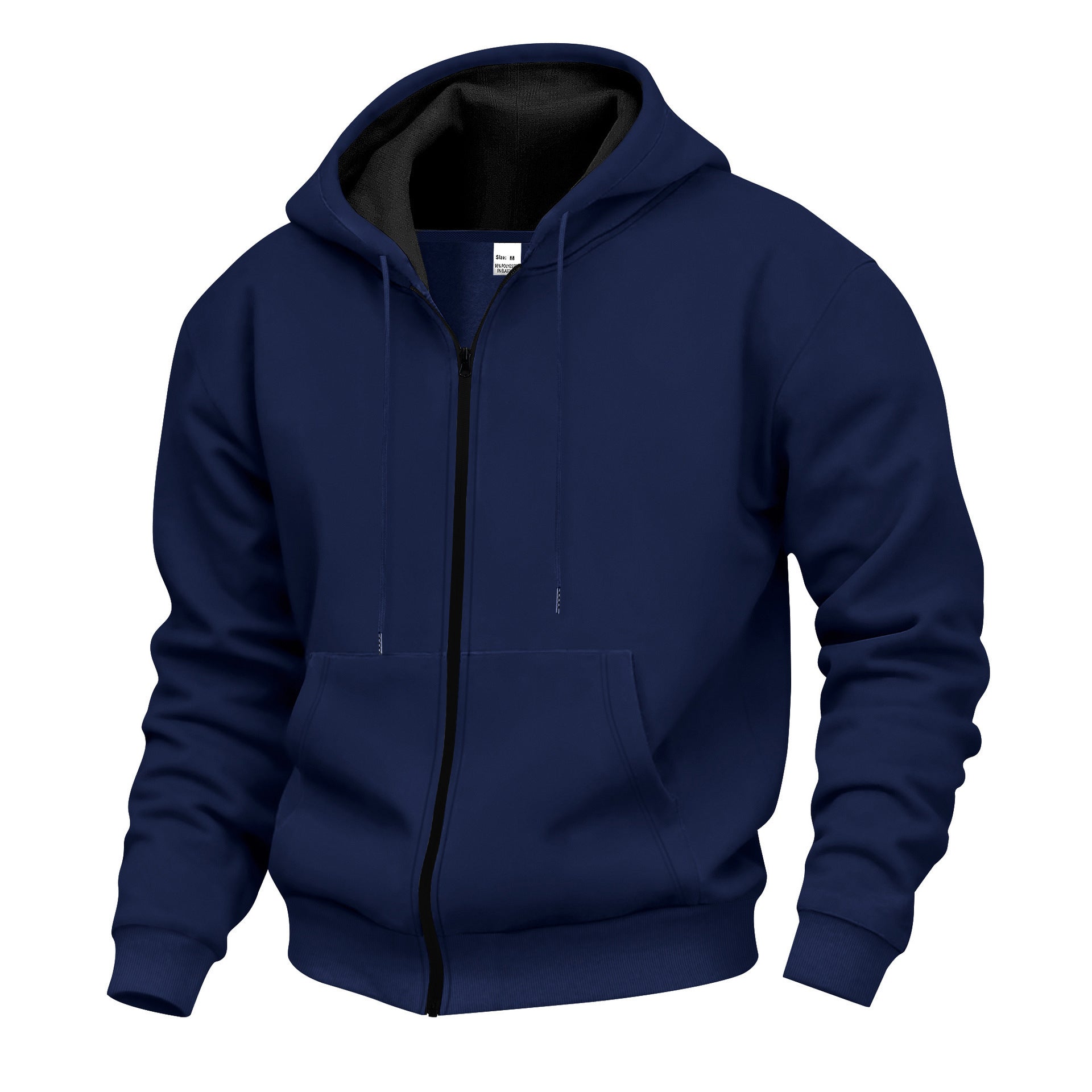 Men's Warm With Velvet Hooded Zipper Casual Sweatshirt Navy Blue GlamzKart