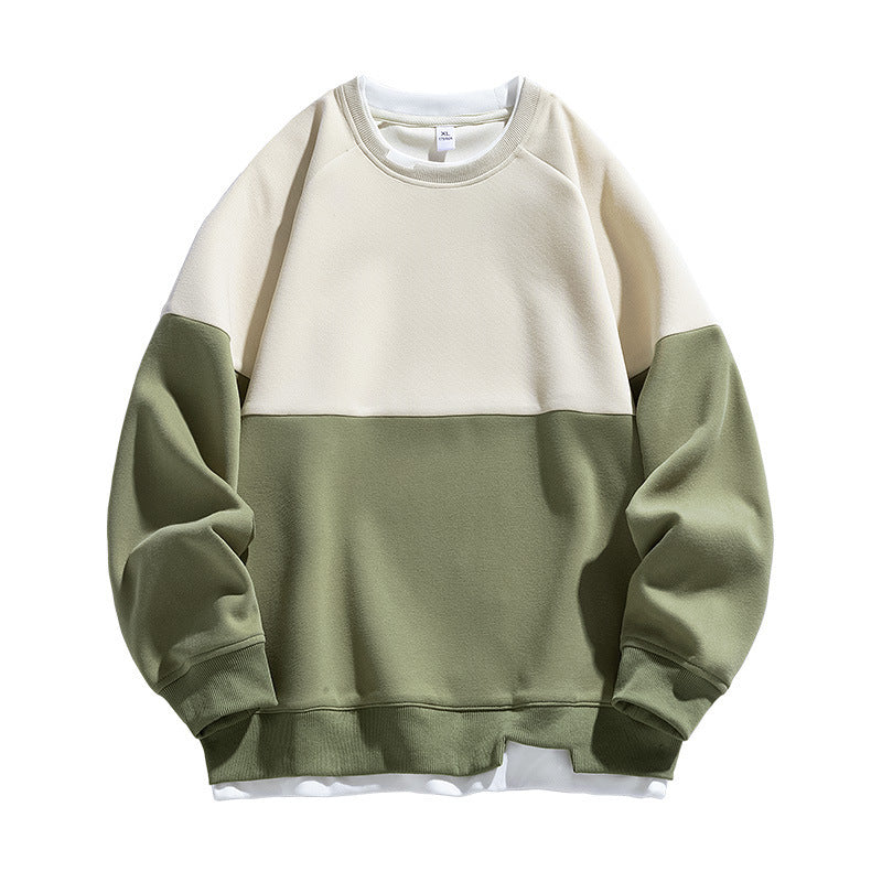 Trendy Contrast Color Matching Fake Two-piece Round Neck Sweater Light Khaki GlamzKart