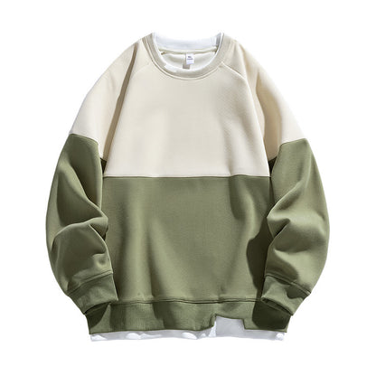 Trendy Contrast Color Matching Fake Two-piece Round Neck Sweater Light Khaki GlamzKart