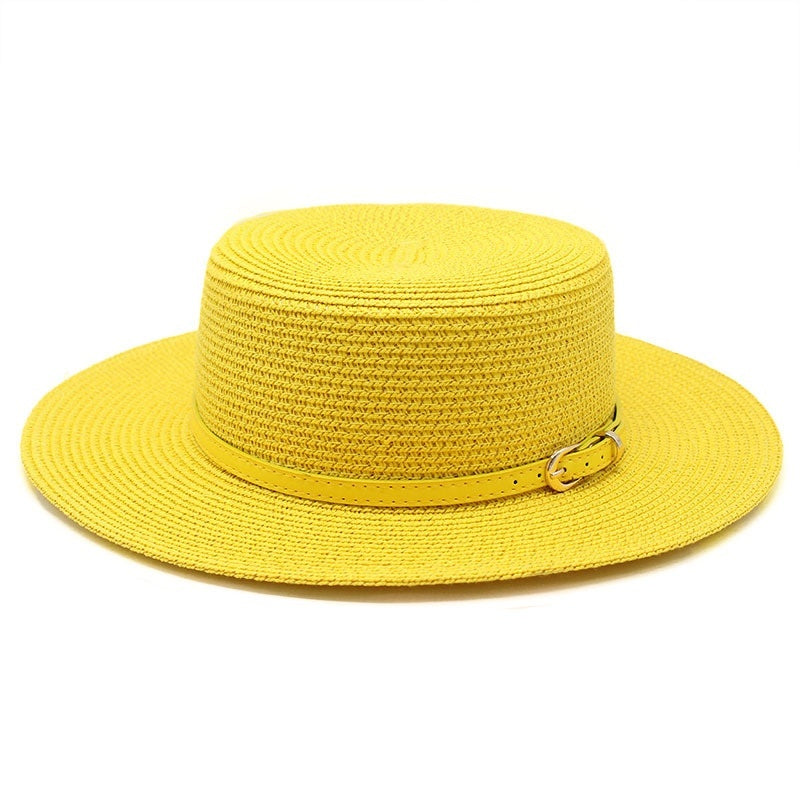 Wide Brim Flat Top Women's Spring And Summer Sun Beach Sun-proof Straw Hat Yellow M GlamzKart