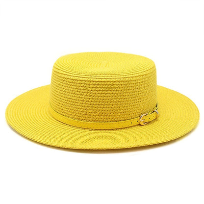 Wide Brim Flat Top Women's Spring And Summer Sun Beach Sun-proof Straw Hat Yellow M GlamzKart