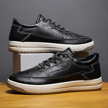 Leather Surface Men's Low-top Sneakers Warm Casual Shoes Black Single GlamzKart