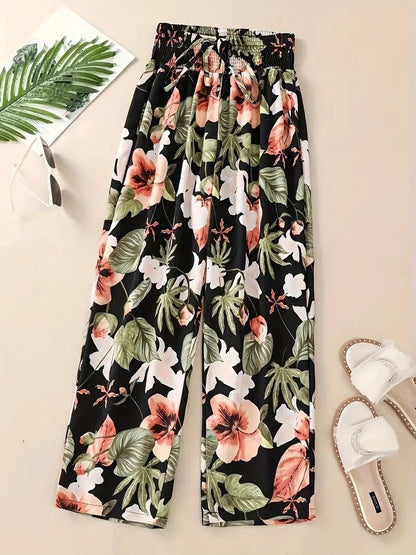 Casual Flower Pants Spring And Summer Thin High Waist Slimming Ice Silk Elastic Floral Straight Color GlamzKart