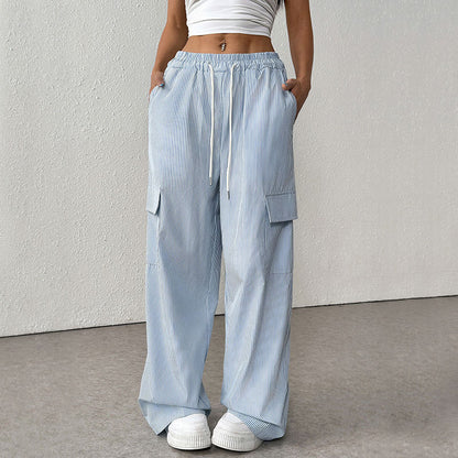 Women's Casual Elastic Striped Pocket Trousers GlamzKart