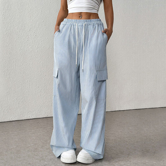 Women's Casual Elastic Striped Pocket Trousers GlamzKart