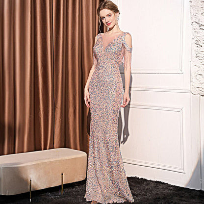 Sequin Long Slim Slimming Fishtail Dress Pink 18580 GlamzKart