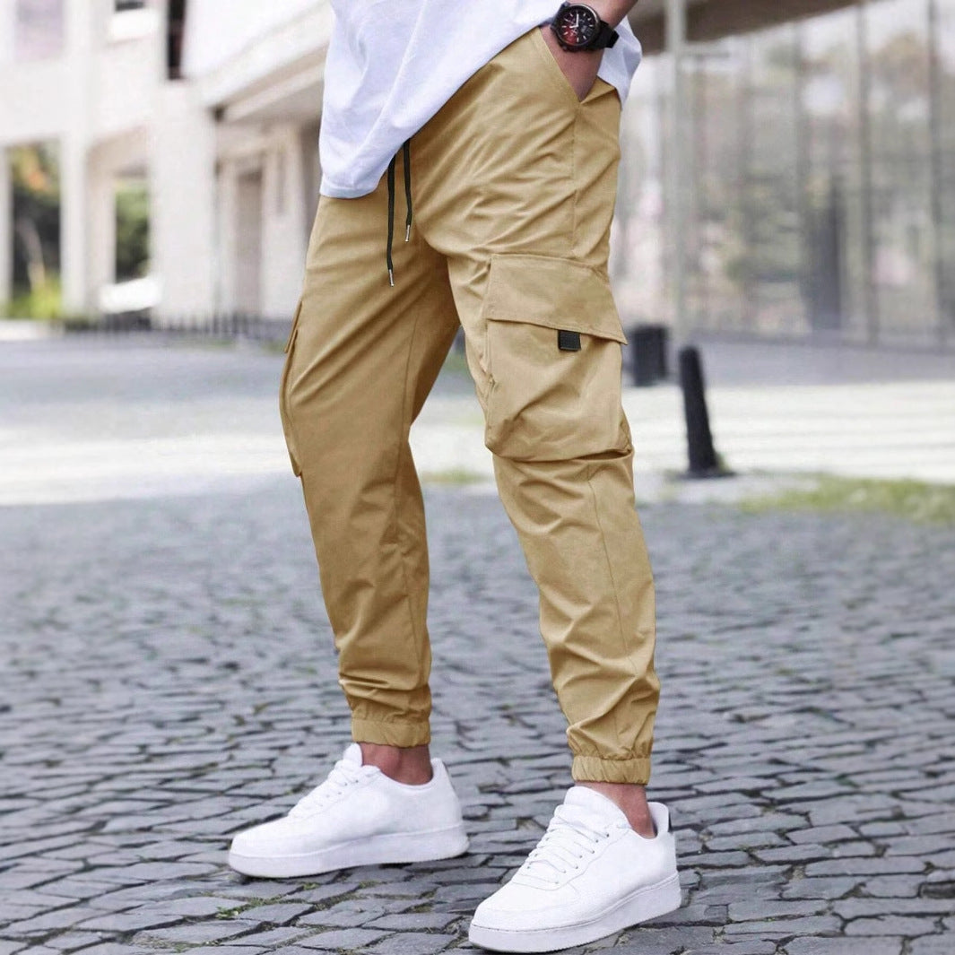 Workwear Casual Pants Drawstring Elastic Waist Track Pants Khaki GlamzKart