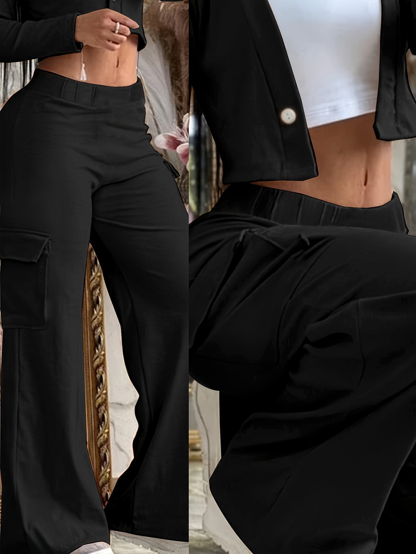 Black Wide Leg Multi-pocket Comfortable Trousers GlamzKart