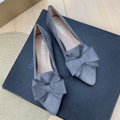 Women's Versatile Solid Color Bow Pointed Flat Shoes Gray GlamzKart