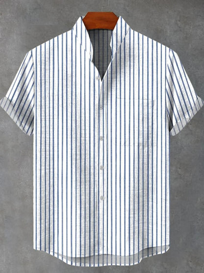 Men's Stand Collar Contrast Color Striped Casual Cool Versatile Short Sleeve ZM80407004 GlamzKart