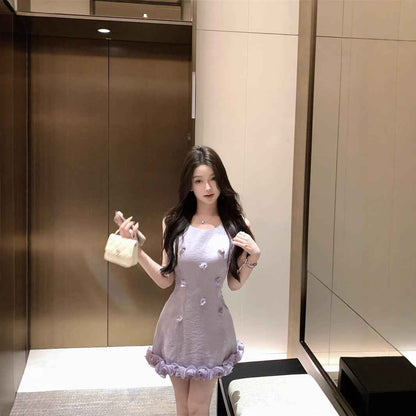 Retro Three-dimensional Flower Edge Sleeveless Waist Trimming Short Dress