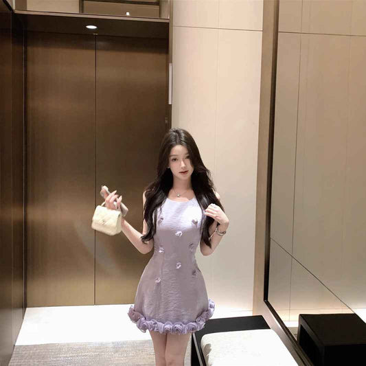 Retro Three-dimensional Flower Edge Sleeveless Waist Trimming Short Dress