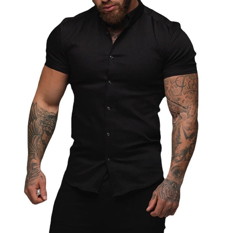 Short Sleeve Lapel Shirt Elastic Thin Solid Color GlamzKart