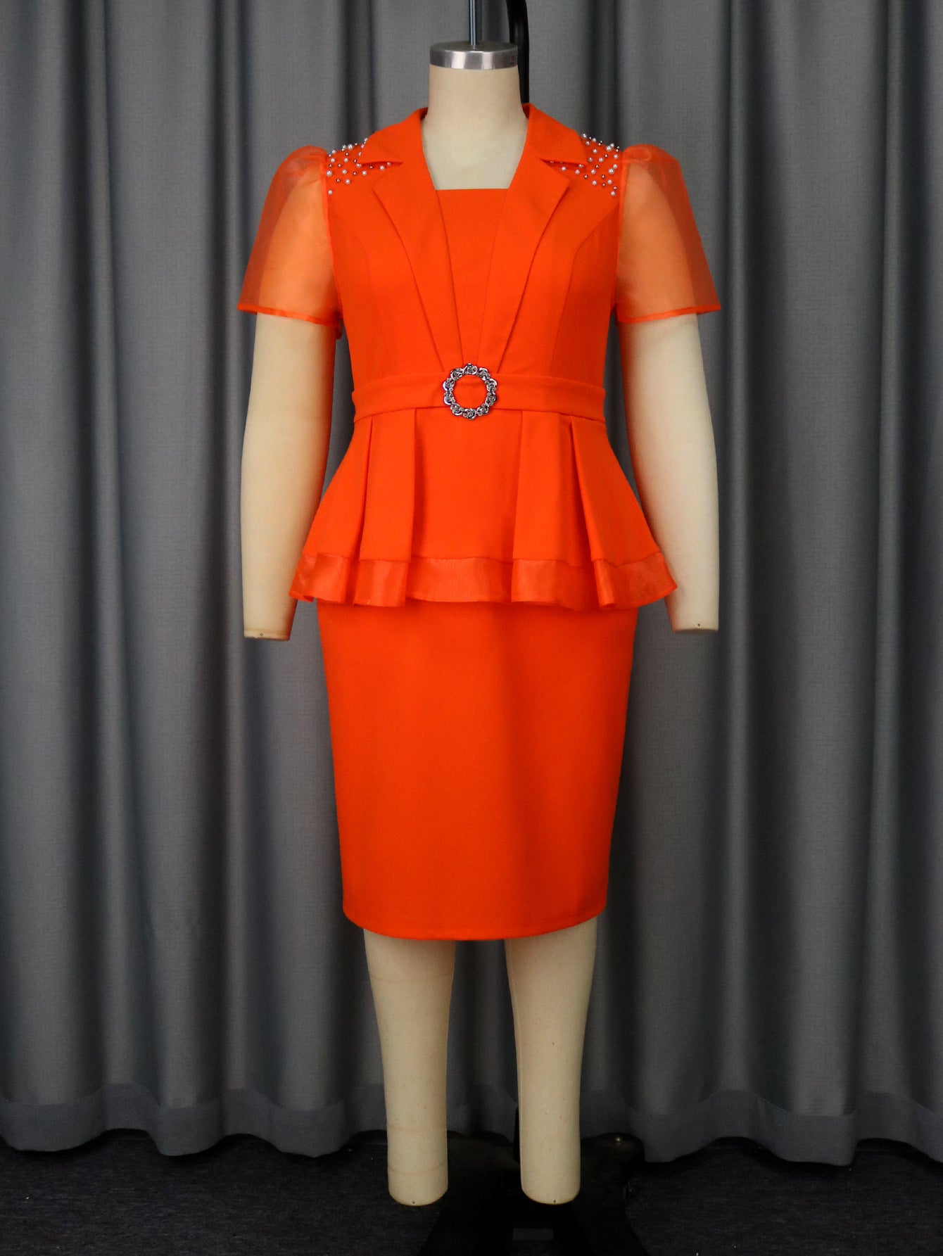 Ruffled Slimming Elegant Lapel Design Waist-tight Dress Orange GlamzKart