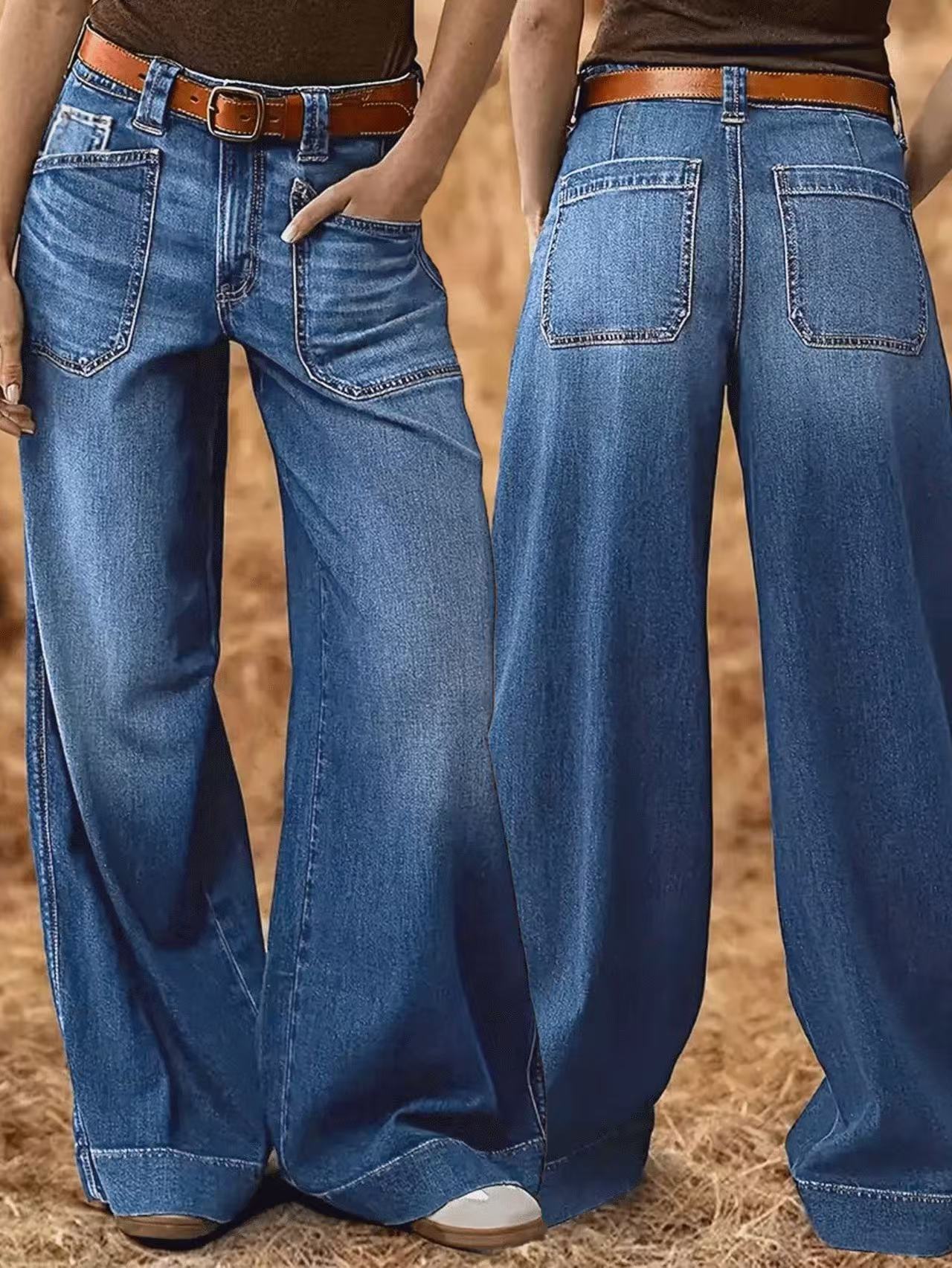 Loose Slimming Ladies Wide-leg Straight Pants Denim Ankle-length Pants Blue GlamzKart