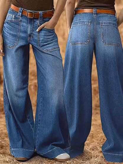 Loose Slimming Ladies Wide-leg Straight Pants Denim Ankle-length Pants Blue GlamzKart