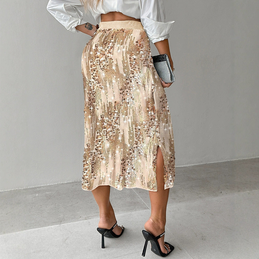 Women's Versatile Solid Color Fashionable Sequin Skirt GlamzKart