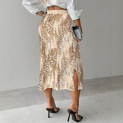 Women's Versatile Solid Color Fashionable Sequin Skirt GlamzKart