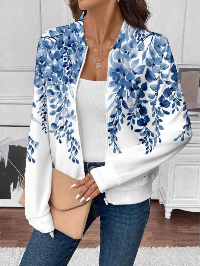 ROSE Women's Casual Tropical Palm Leaf Print Zip-Up Jacket