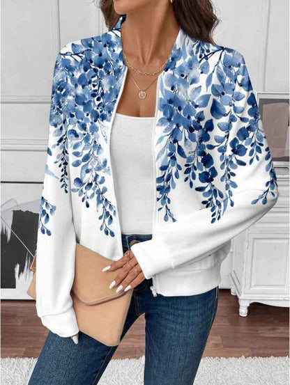 ROSE Women's Casual Tropical Palm Leaf Print Zip-Up Jacket