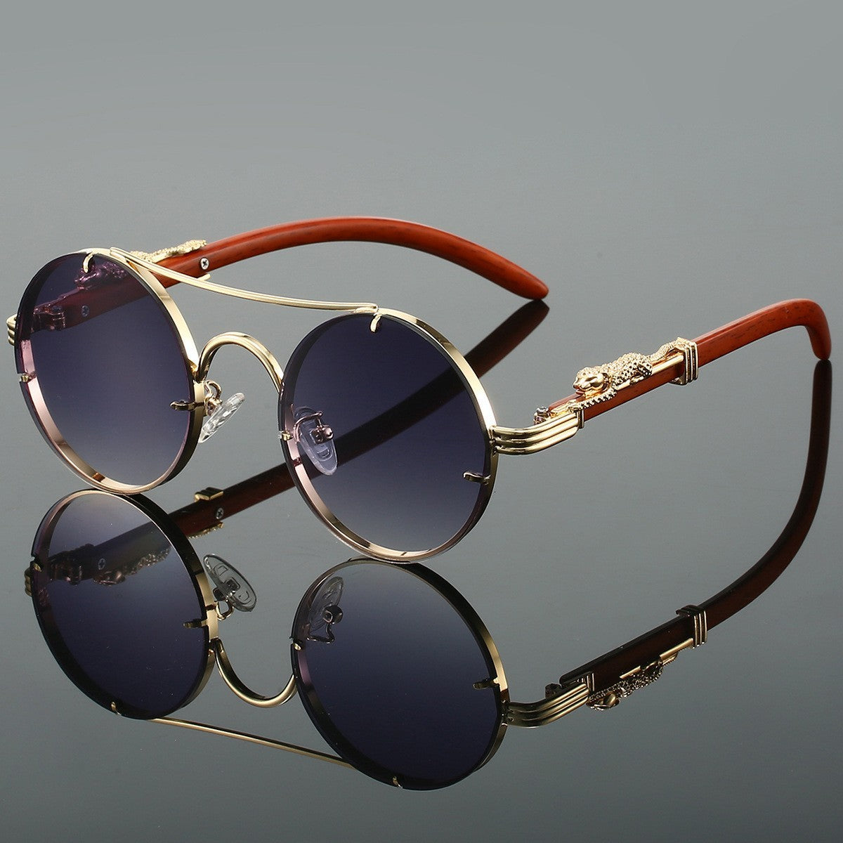 Retro Double Beam Leopard Head Sunglasses Golden Frame Gray GlamzKart
