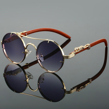 Retro Double Beam Leopard Head Sunglasses Golden Frame Gray GlamzKart