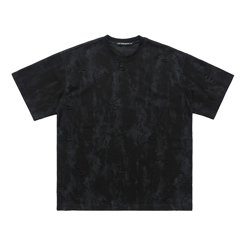 Ripped Edging Design Small Neckline Loose National Fashion Short Sleeve T-shirt Black GlamzKart