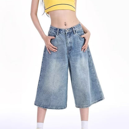 Cropped Jeans Women's Wide-leg Summer Inelastic Light Blue GlamzKart