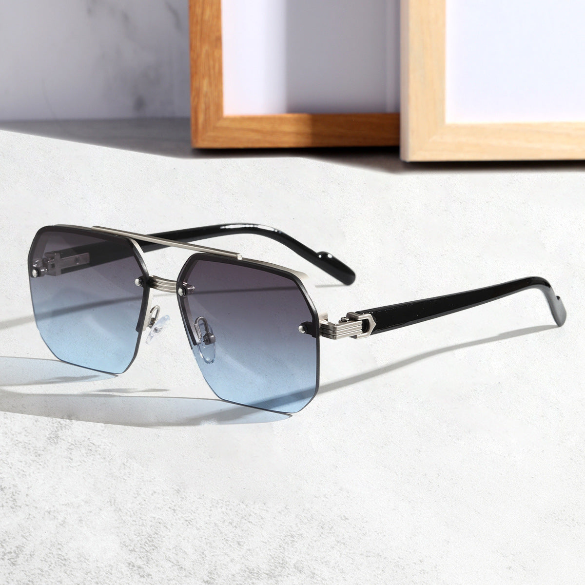 Fashion Personality New Men's Sunglasses Box Silver Frame Gray And Blue GlamzKart