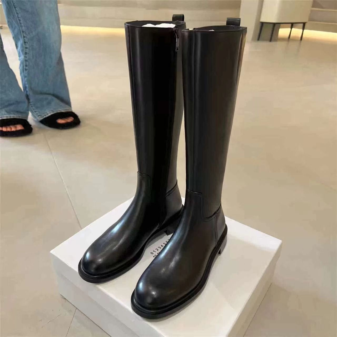 Round Toe Side Zipper Fleece-lined Long Biker Boots Women's Autumn And Winter Black GlamzKart