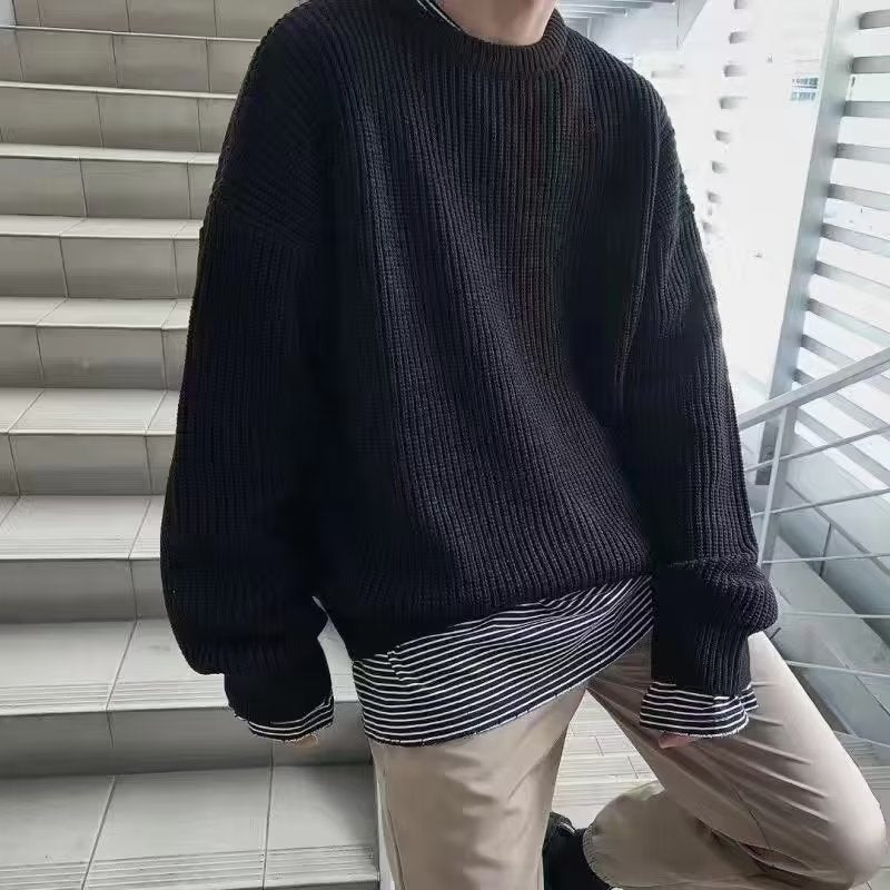 Loose Casual Retro Trendy Underwear Crew Neck Sweater Black GlamzKart
