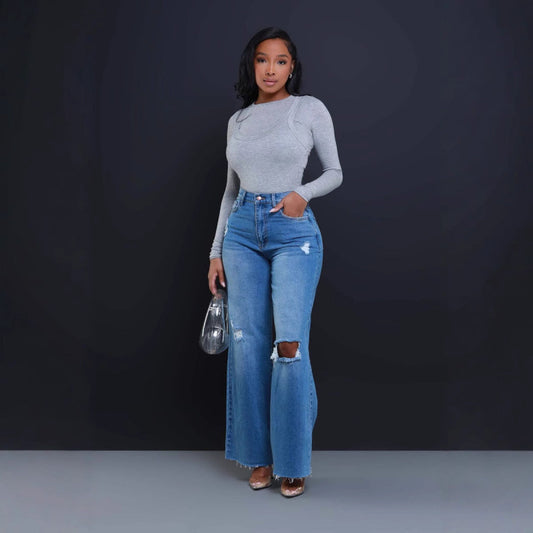 Women's Ripped High Waist Loose Straight Wide Leg Jeans GlamzKart