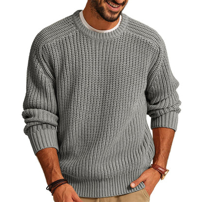 Men's Solid Color Long Sleeve Round Neck Fashion Sweater Loose Retro Sweater Gray GlamzKart