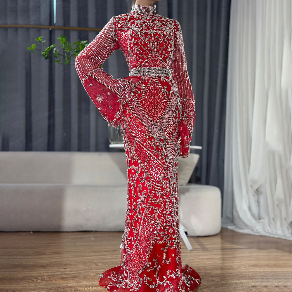 Red High Collar Fishtail Evening Long Dress Red GlamzKart
